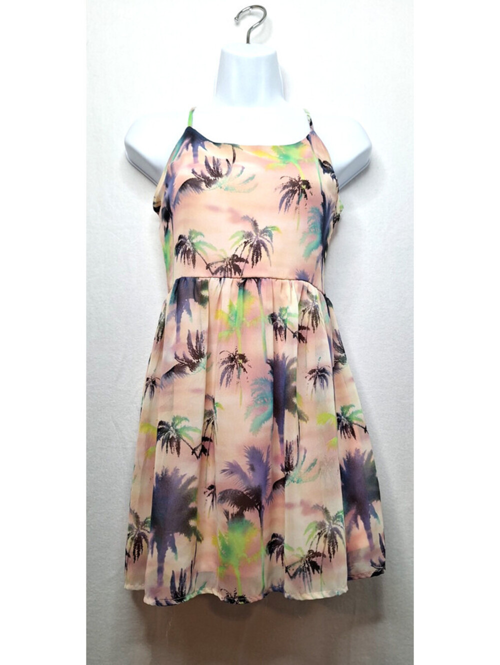 Wet Seal Tropical Watercolor Palm Tree Mini Sun Dress Vintage Y2k 90s Balletcore